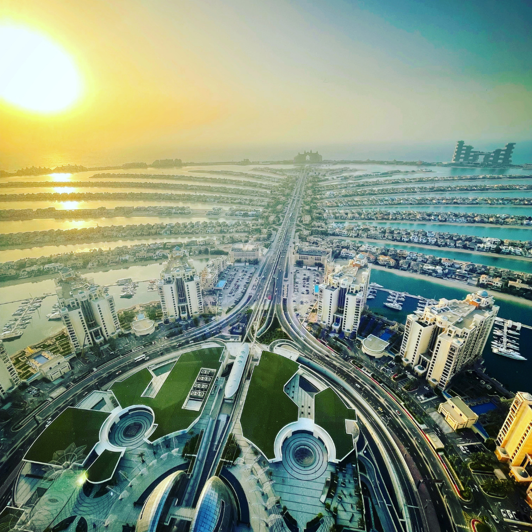 A birds eye view across The Palm in Dubai